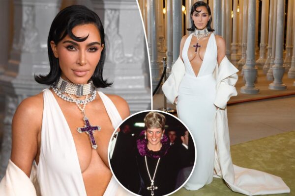 Kim Kardashian luce la cruz de amatista de la princesa Diana y un vestido blanco en la gala Art+Film del LACMA